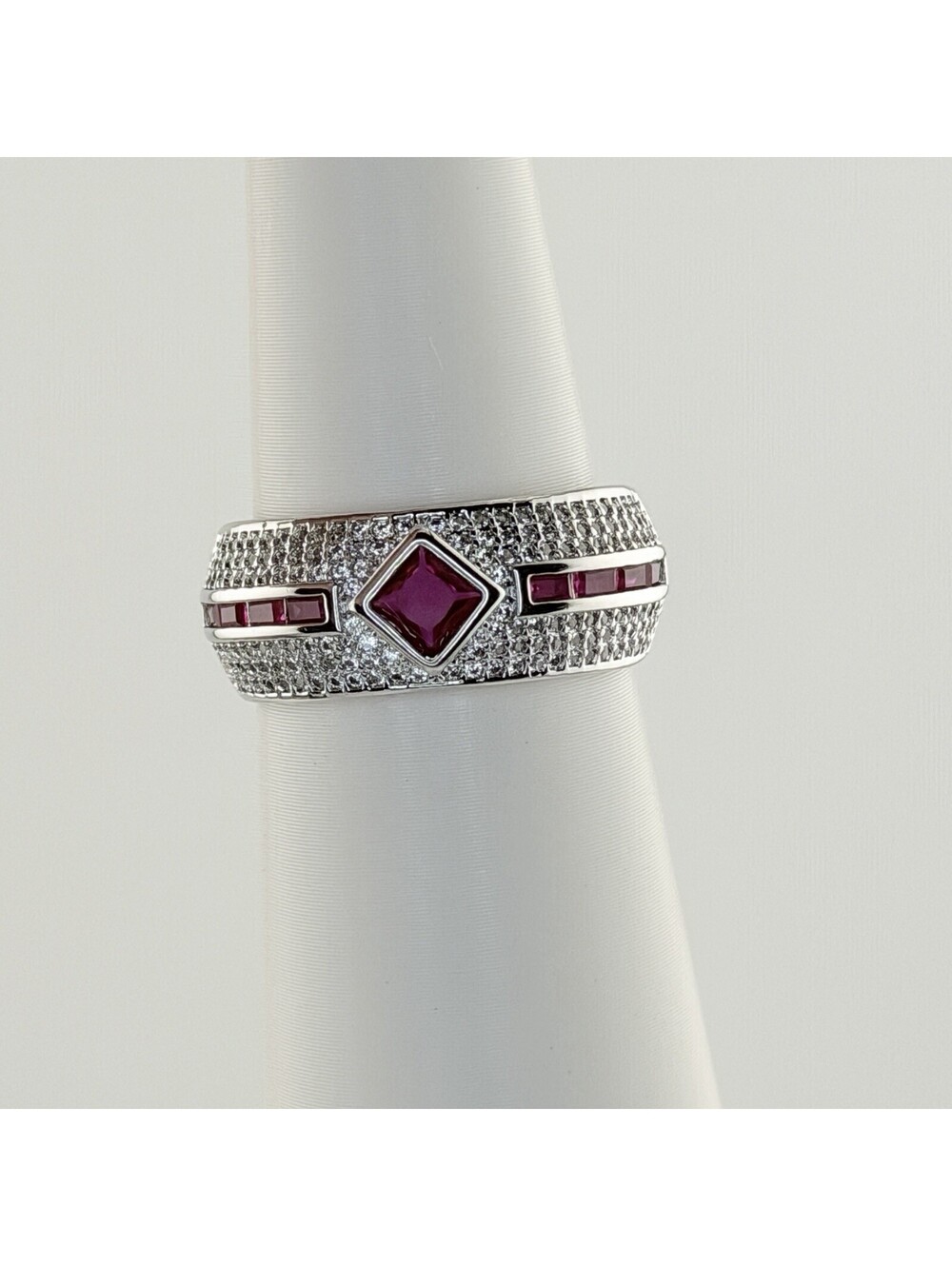 Bomb Party July Sz 8 RG68104 "The Sadie Ring" Lab Created Ruby on Rhodium